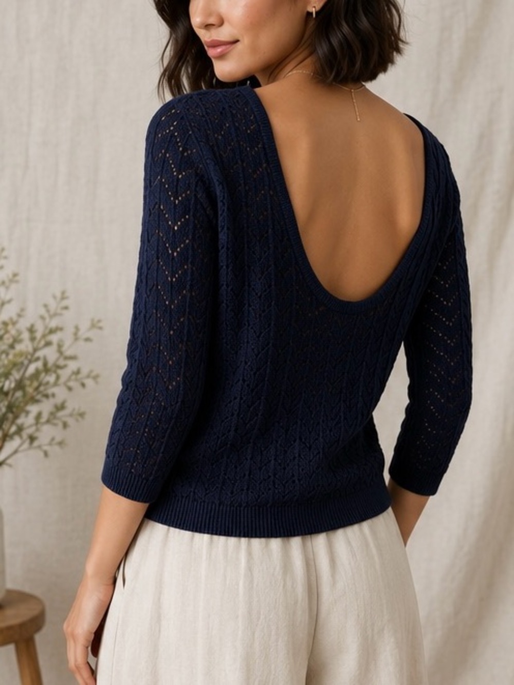 Boden Navy Open Back Pointelle Cotton Sweater 3/4 Sleeve Size S
